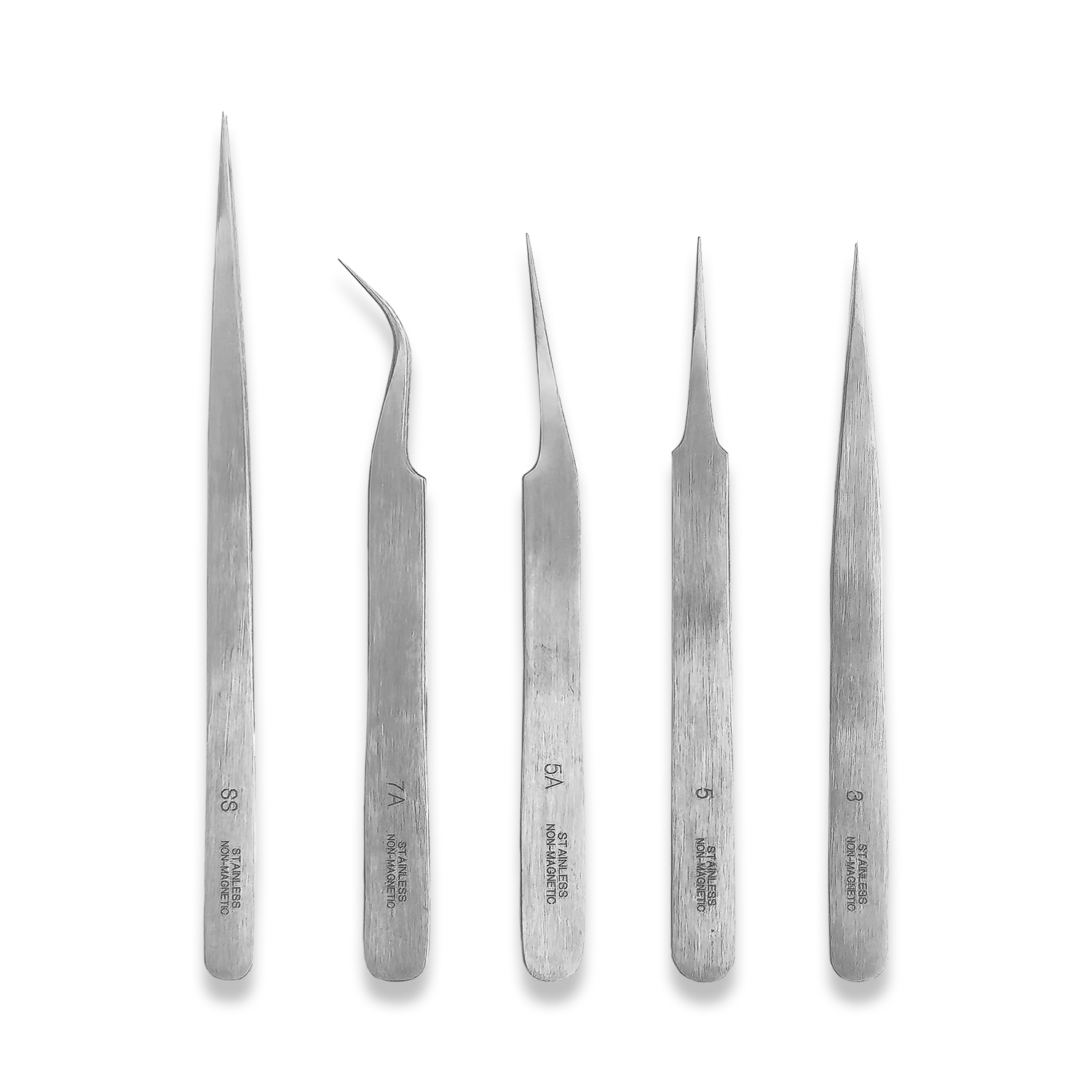5PC TWEEZER SET STAINLESS STEEL NON MAGNETIC TYPE 3SA 5 5A 7 SS