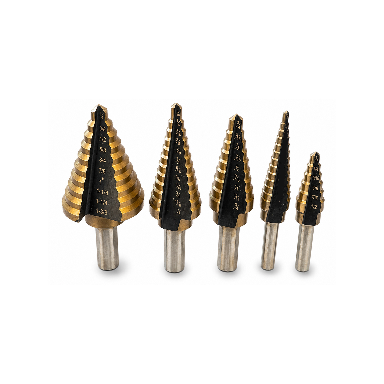 5PC STEP DRILL SET IMPERIAL HSS TITANIUM 3/16 - 1-3/8" - Image 2