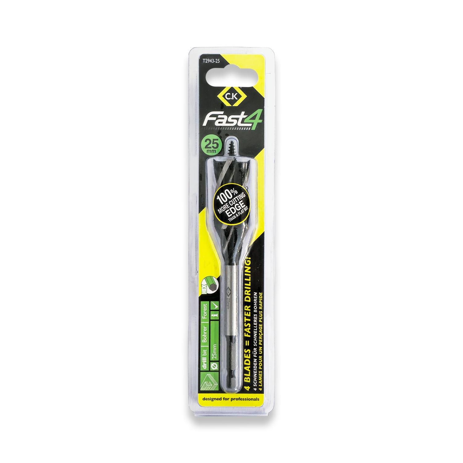 CK Tools 25mm Fast4 Wood Drill Bit 1/4" Shank T2943-25 - Image 2