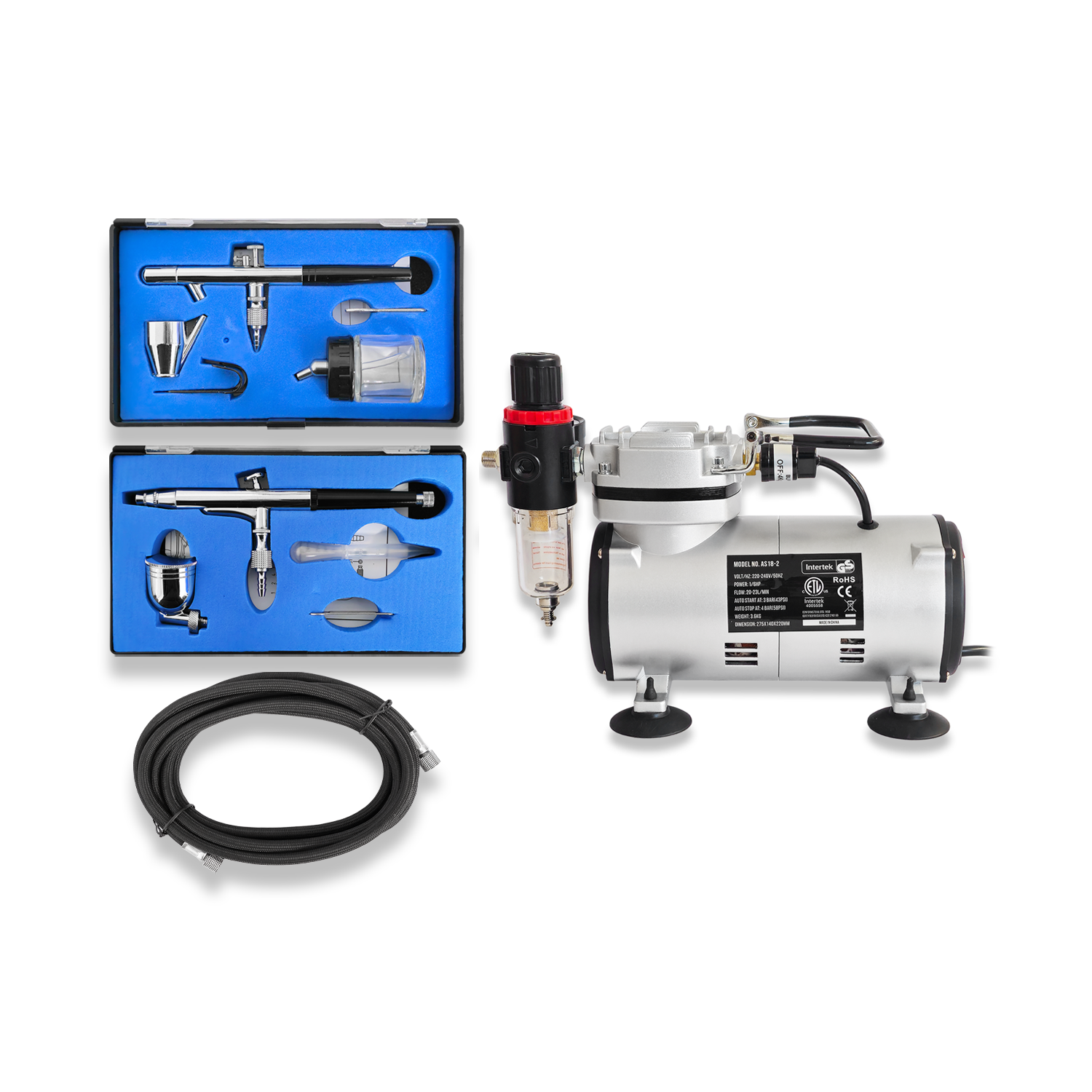 COMPLETE AIRBRUSH KIT 2 AIRBRUSHES + COMPRESSOR + HOSE 134 X 128
