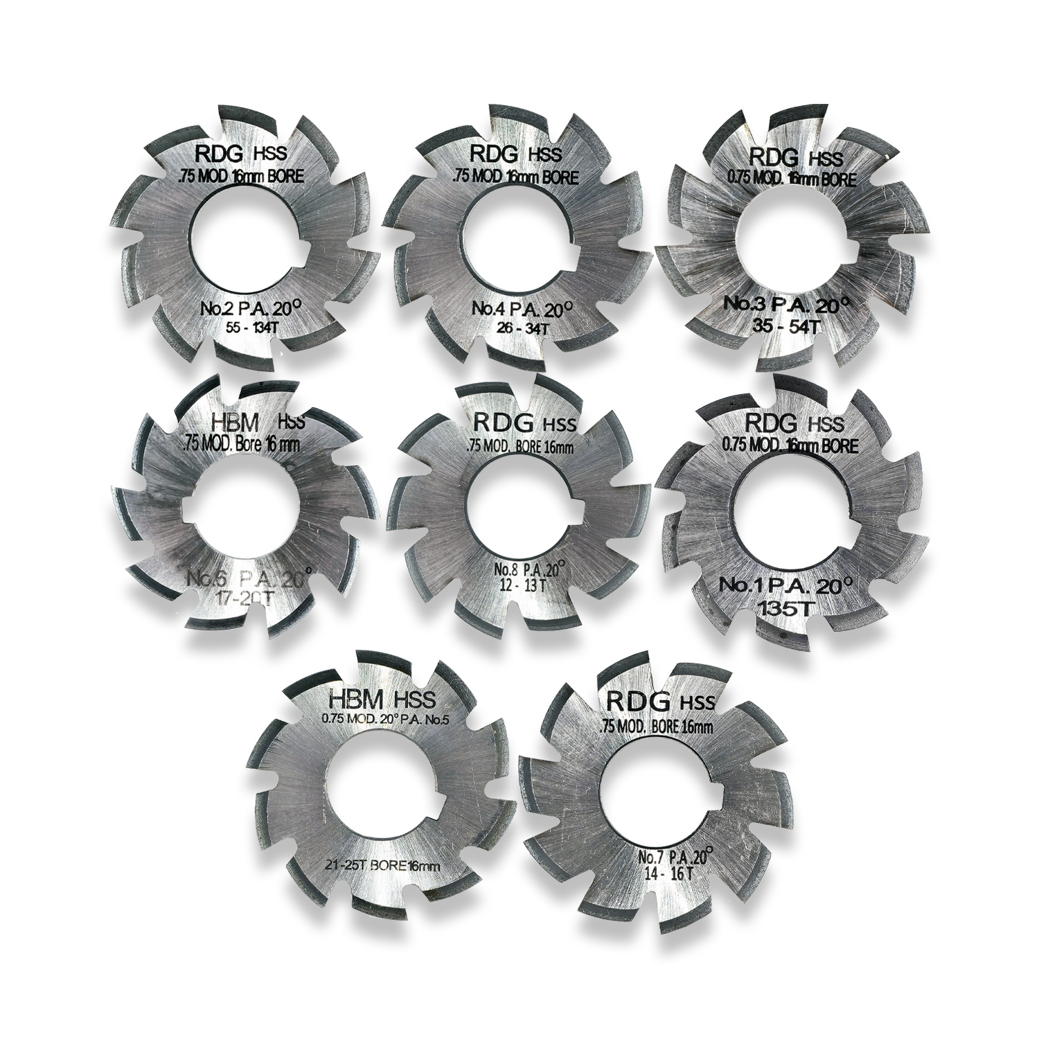 FULL SET OF 0.75 MODULE GEAR CUTTERS 1-8