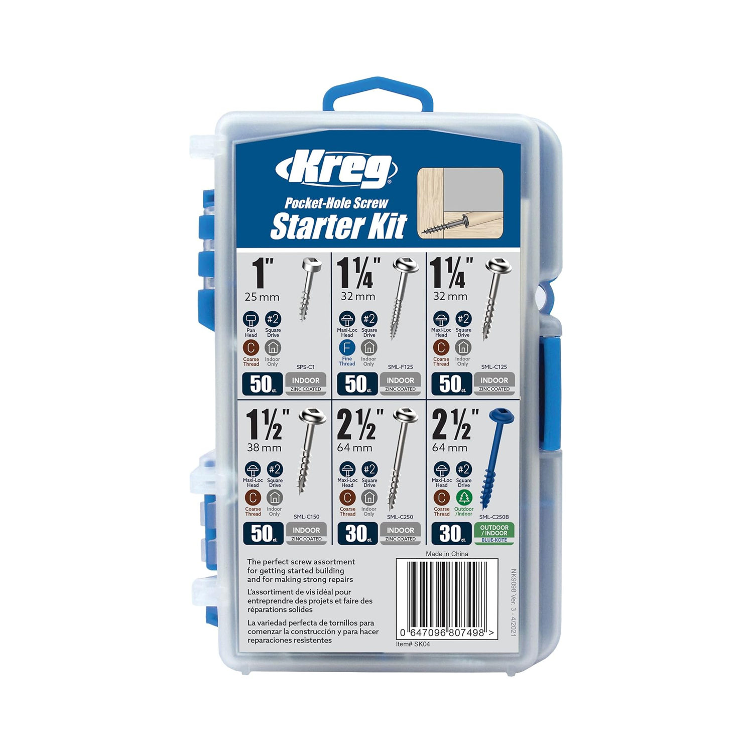 Kreg Pocket Hole Screws Starter Kit 260PC SK04 Zinc Coated & Blue-Kote