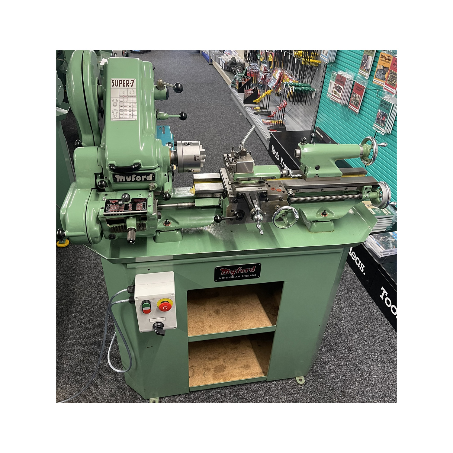 Used Myford Super 7 lathe on cabinet with gearbox power cross feed