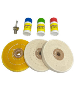 7pc buffing polishing set with 3 buffing wheels 3 grits of compound and drill chuck arbor