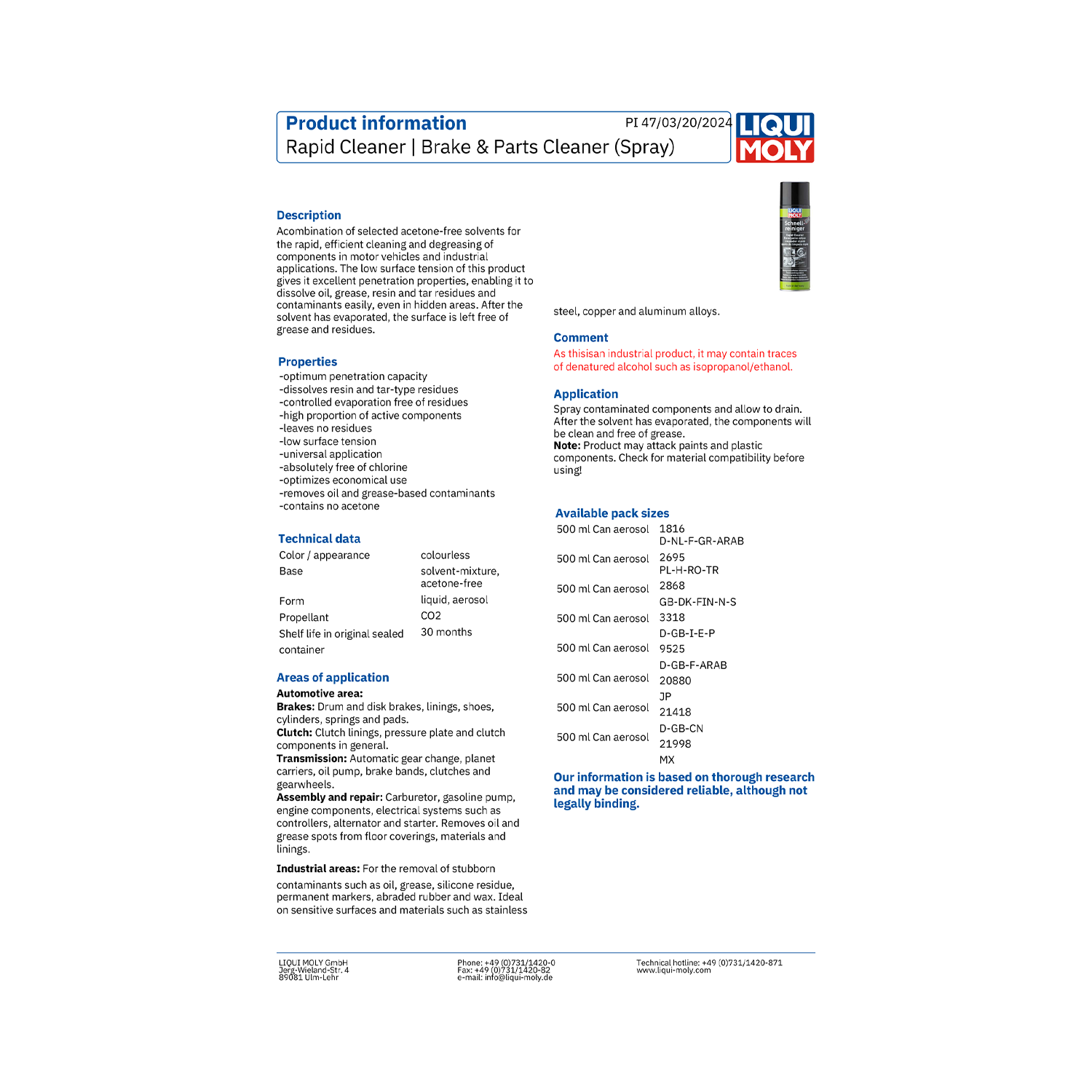 LIQUI MOLY Rapid Cleaner/Brake & Parts Cleaner (Spray) 500ml 3318 - Image 3