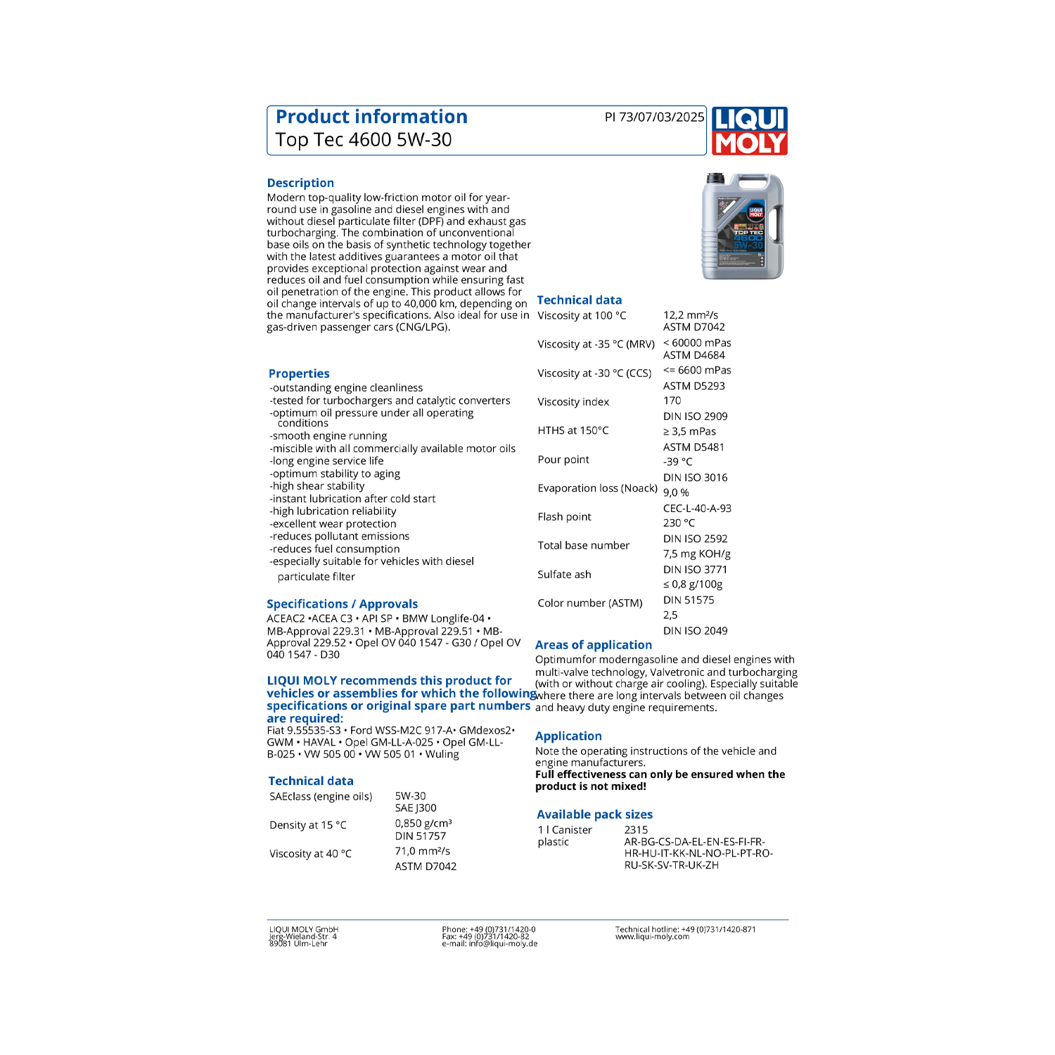 LIQUI MOLY Top Tec 4600 5W-30 Synthetic Engine Oil 1 Litre 2315 - Image 3