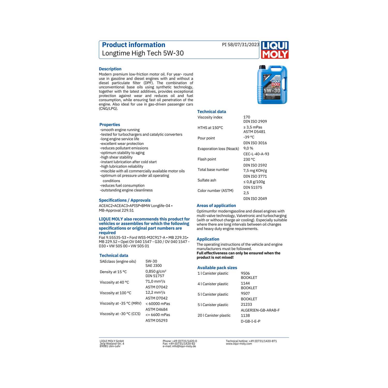 LIQUI MOLY Longtime High Tech 5W-30 Synthetic Engine Oil 1 Litre - Image 2