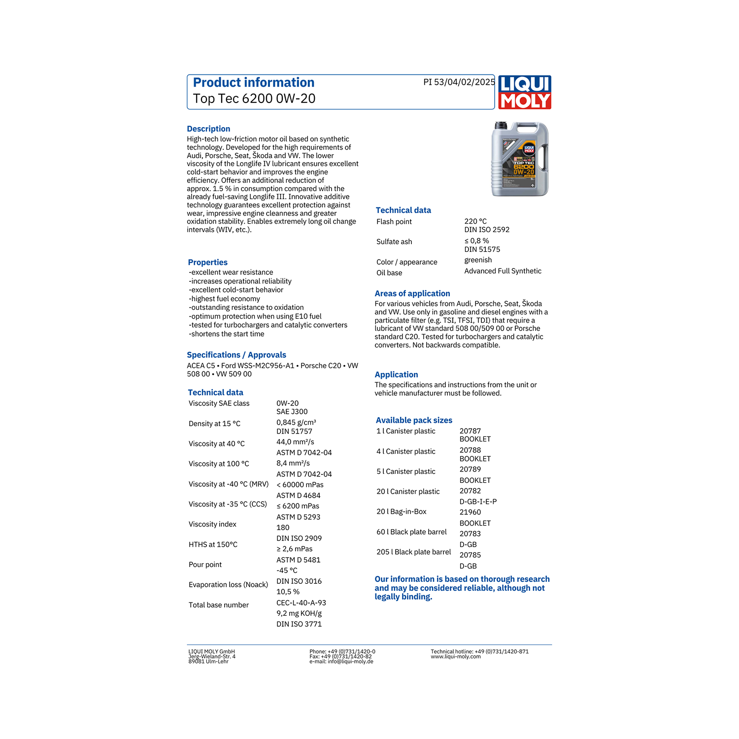 LIQUI MOLY Top Tec 6200 0W-20 Low-Friction Engine Oil 5 Litre - Image 3
