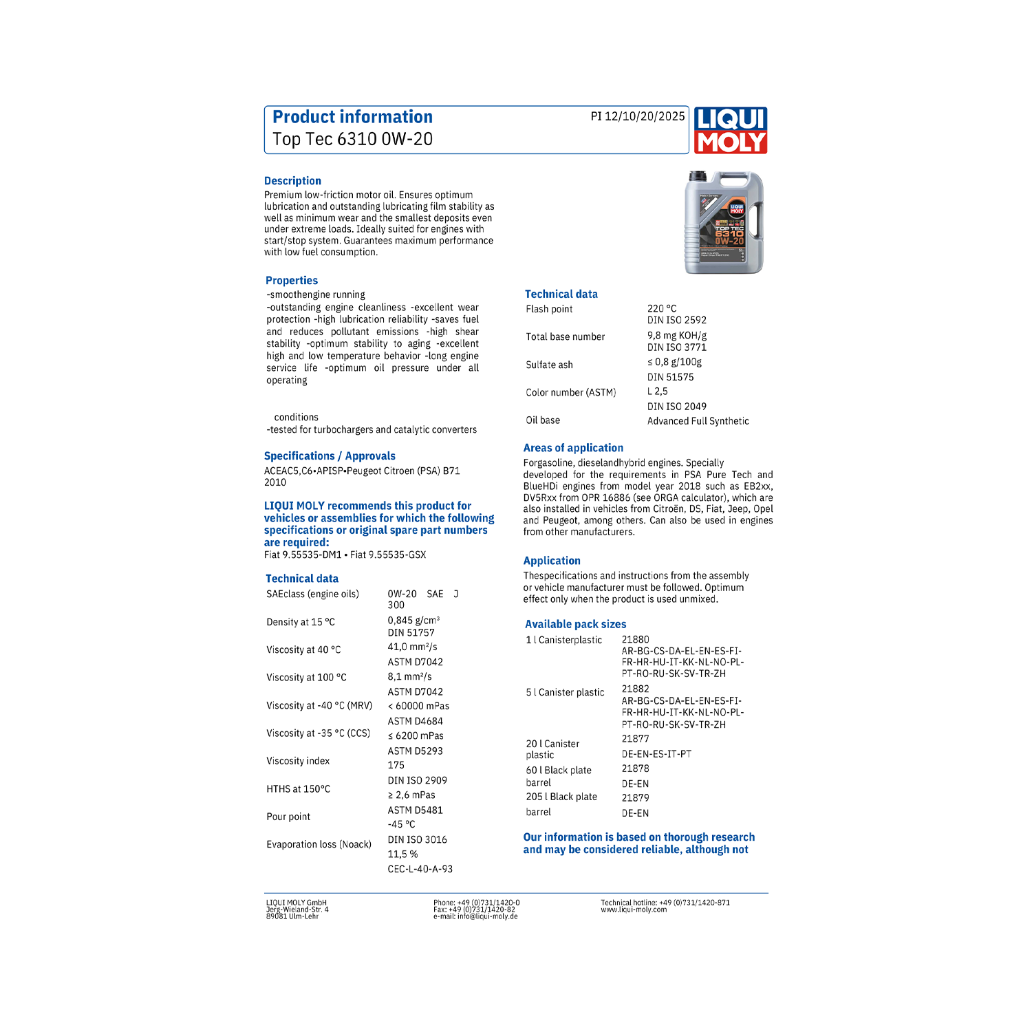 LIQUI MOLY Top Tec 6310 0W-20 Low-Friction Engine Oil 1 Litre 21880 - Image 3