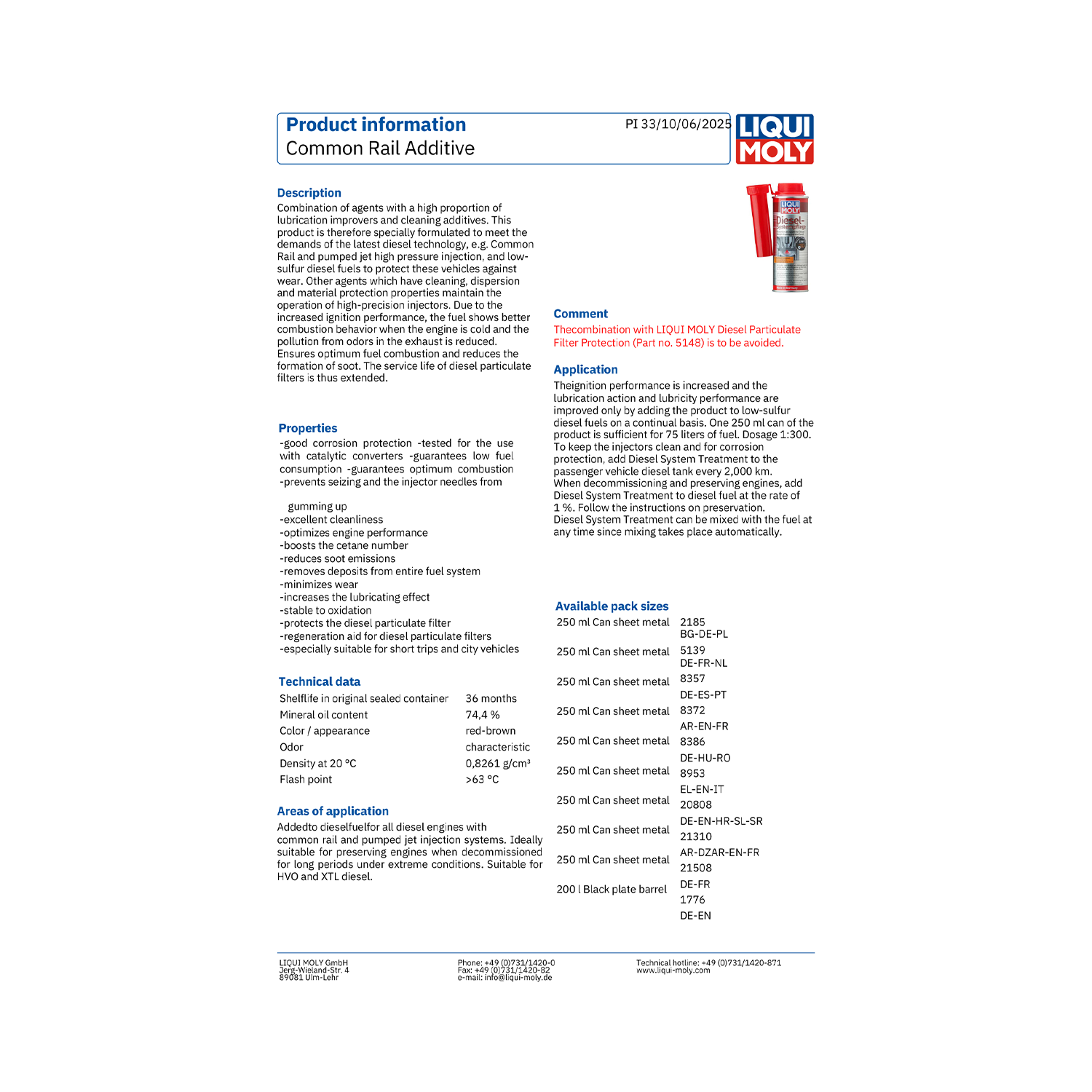 LIQUI MOLY Common Rail Additive 250ml Fuel Additive 8953 - Image 2