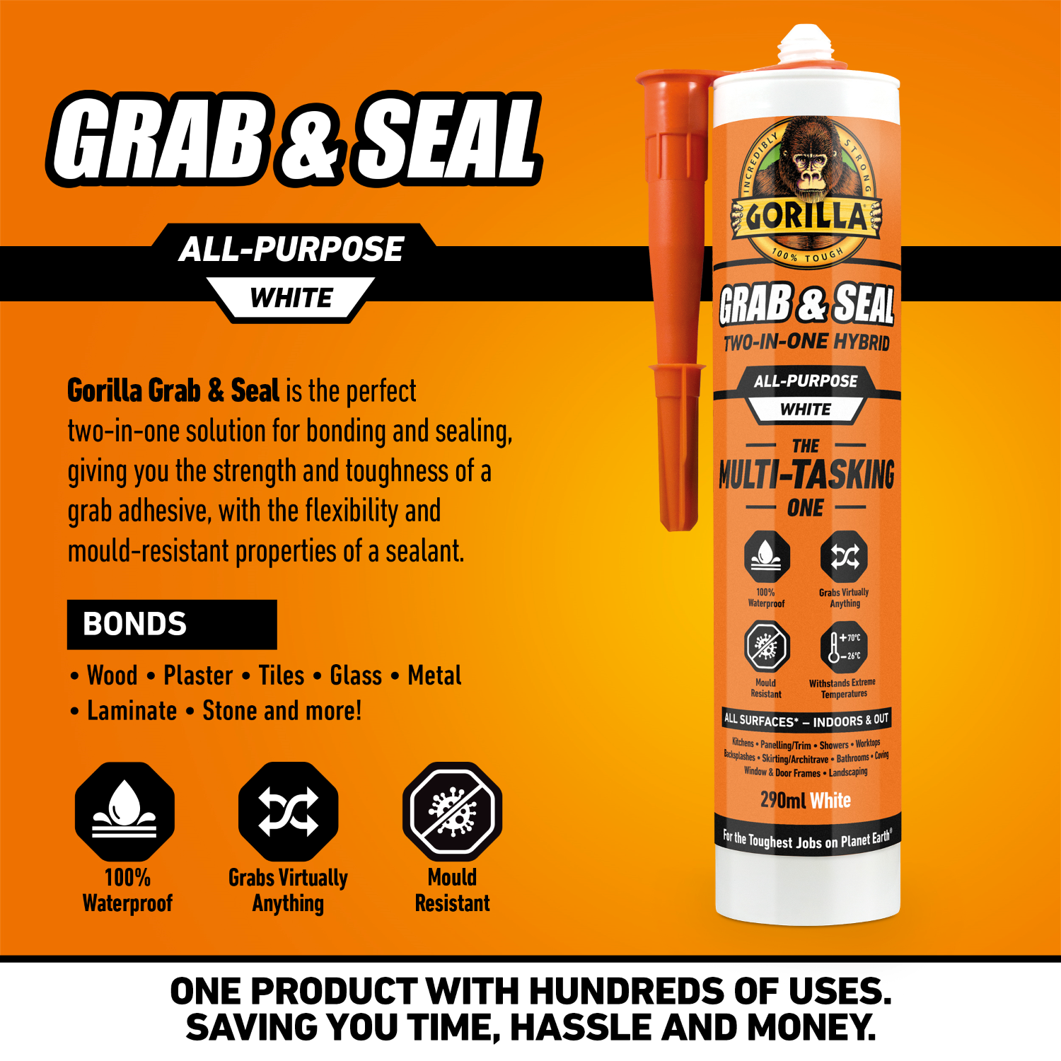 Gorilla Grab & Seal 2-IN-1 Grab Adhesive & Sealant Hybrid WHITE 290ml Cartridge - Image 3